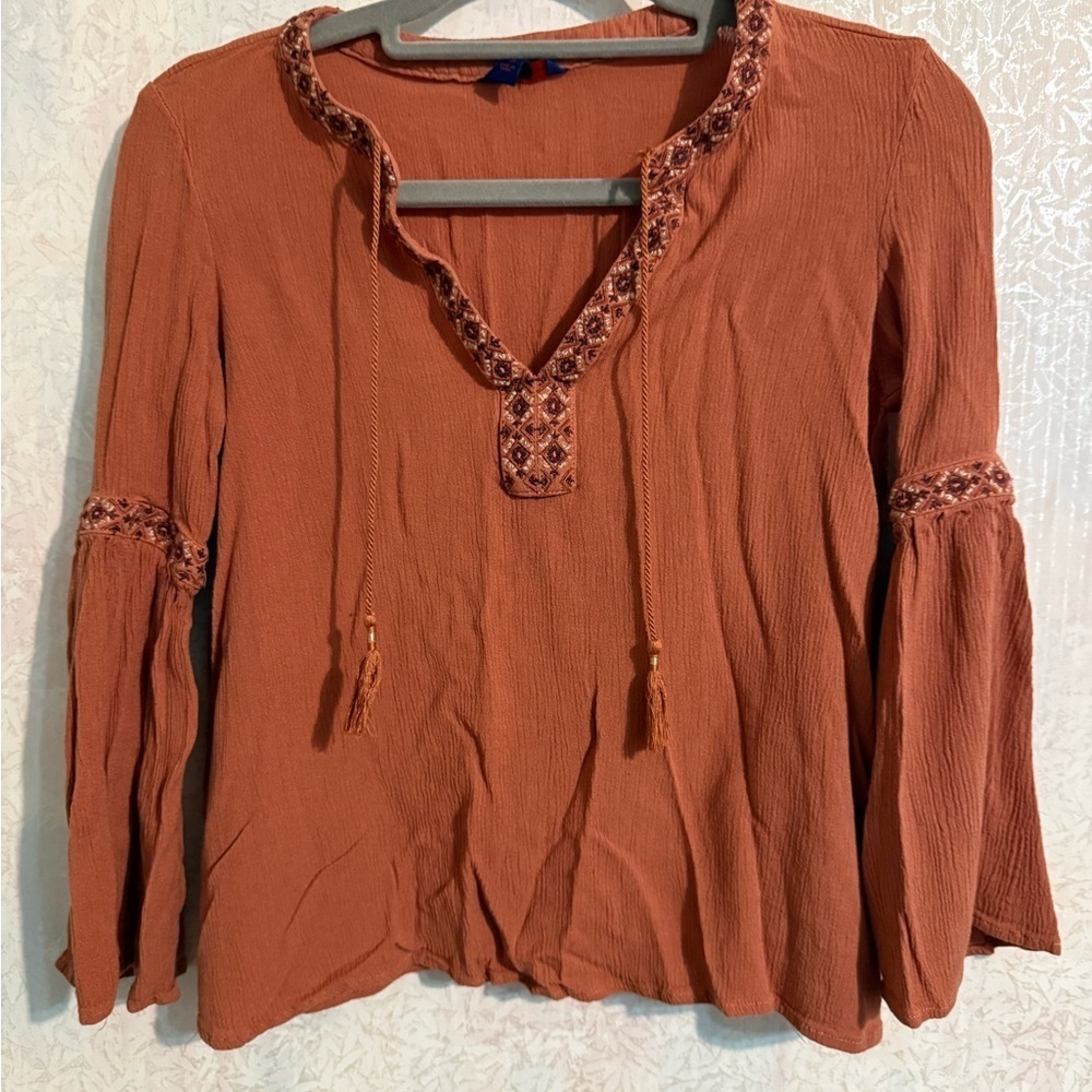 Aeropostale Terracotta Boho, Flared Sleeves, Tassel Tie Blouse Sz XS - Picture 1 of 9